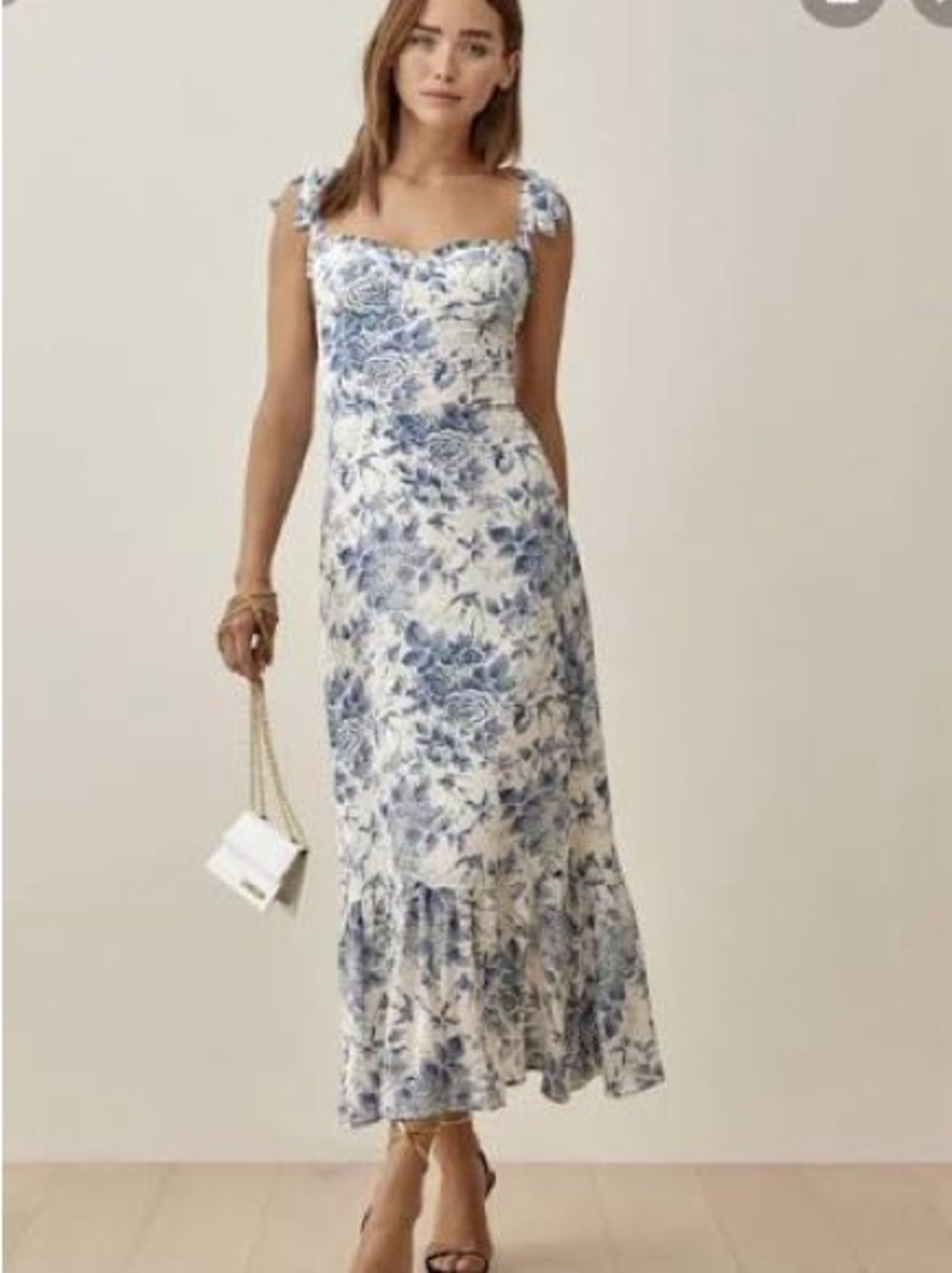 Reformation Blue and Cream Floral Tie-Shoulder Midi Dress